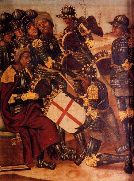 Pierre Ier d'Aragon reçoit un bouclier frappé de la croix de saint George - retable de saint George de l'église de la Merci à Téruel - par Jerónimo Martínez - 1524